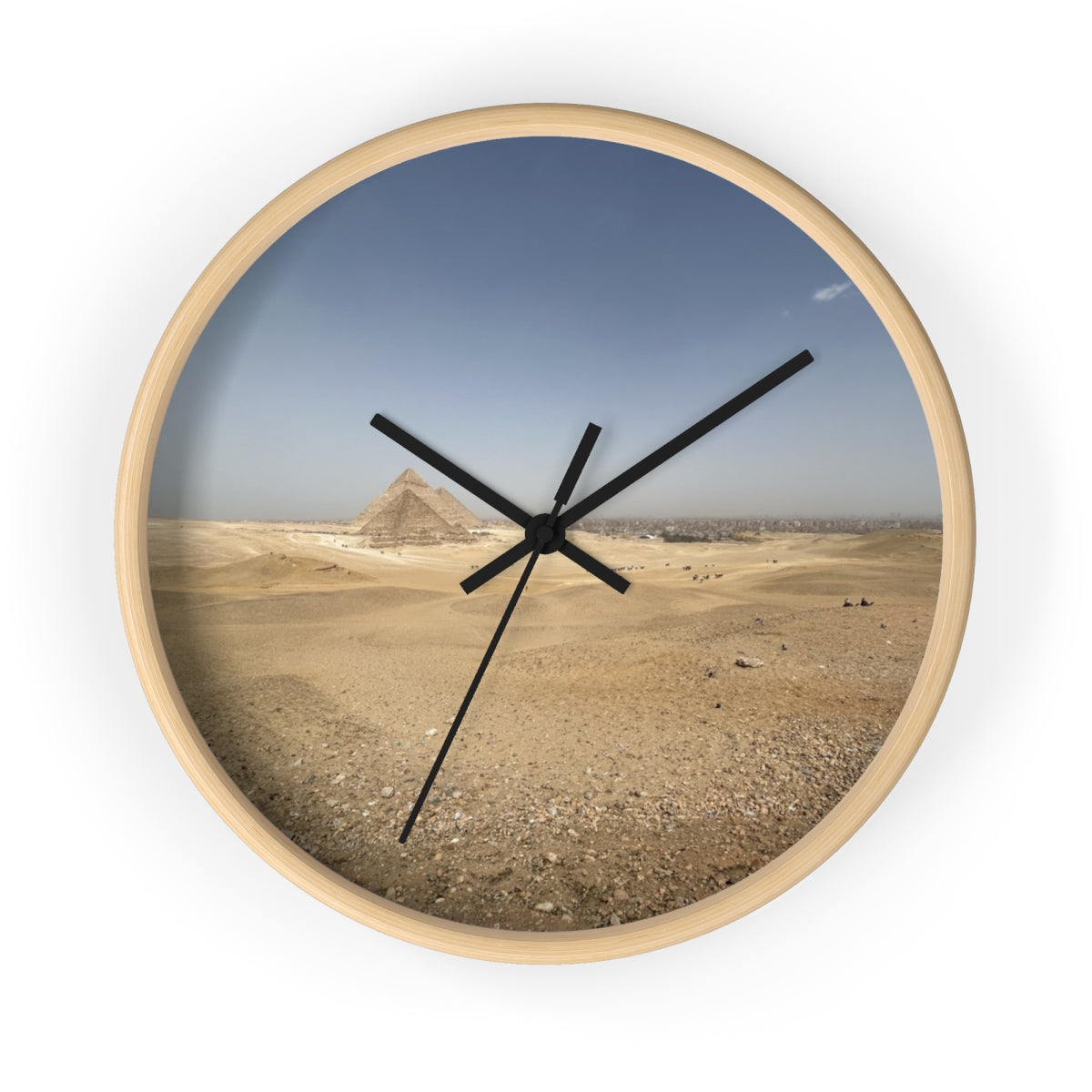Wall clock featuring image of Pyramids of Giza, base: wooden, handles: black, size: 10’’