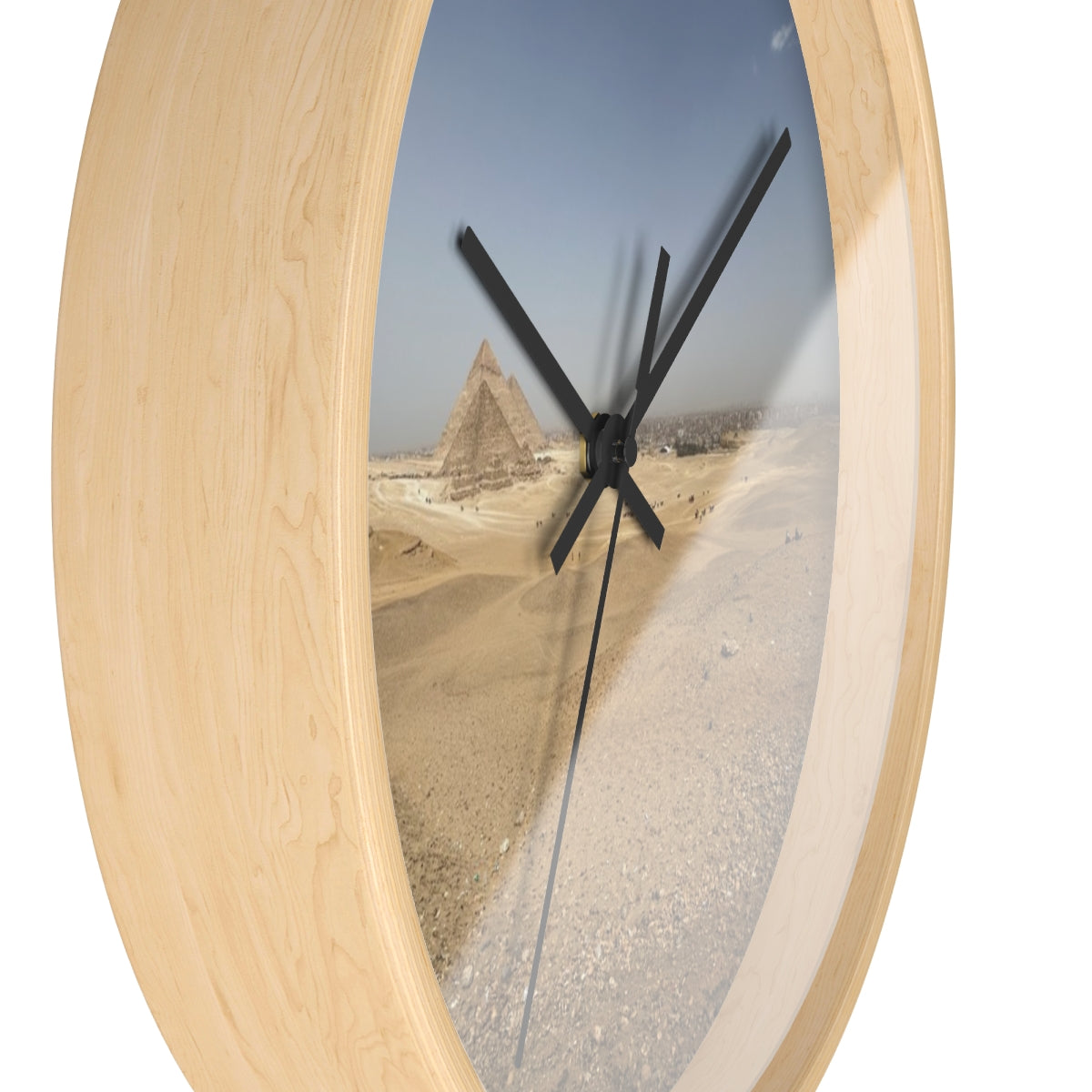 Wall clock featuring image of Pyramids of Giza, base: wooden, handles: black, size: 10’’