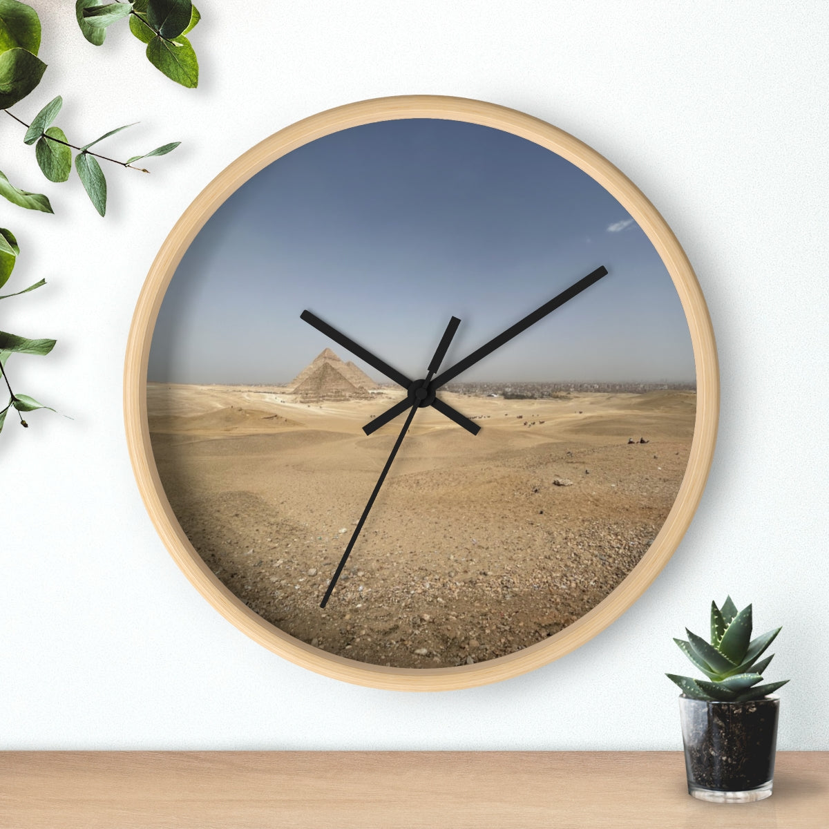 Wall clock featuring image of Pyramids of Giza, base: wooden, handles: black, size: 10’’