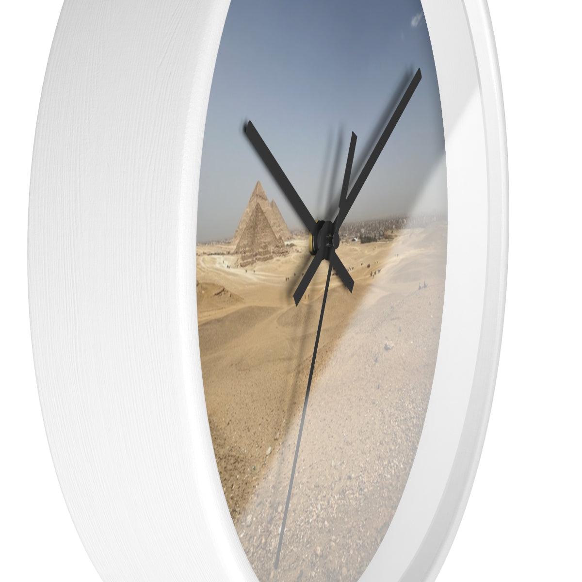 Wall clock featuring image of Pyramids of Giza, base: white, handles: black, size: 10’’