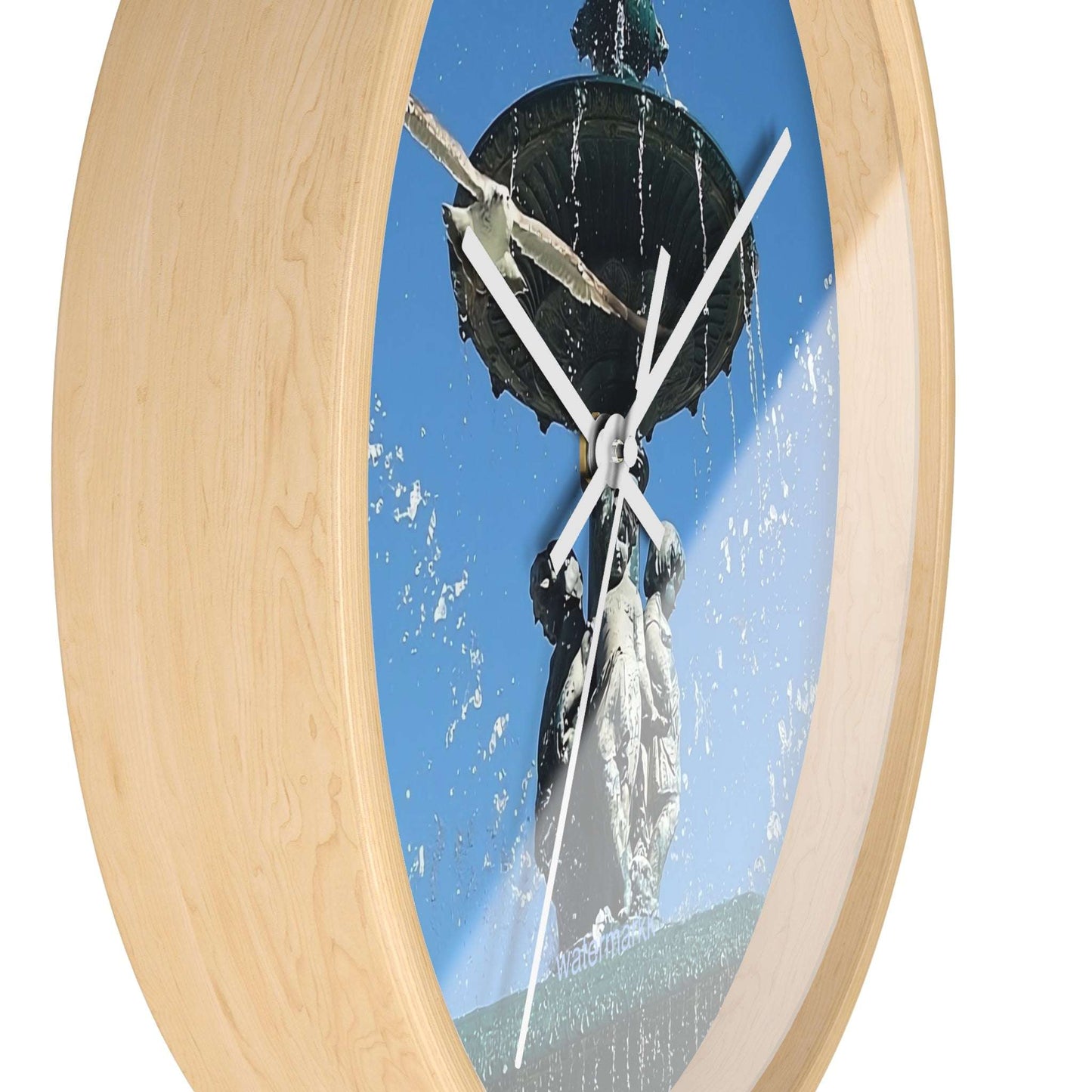Wall ClWall Clock featuring seagull in flight with fountain in Lisbon in background, base: wooden, handles: white, size: 10''