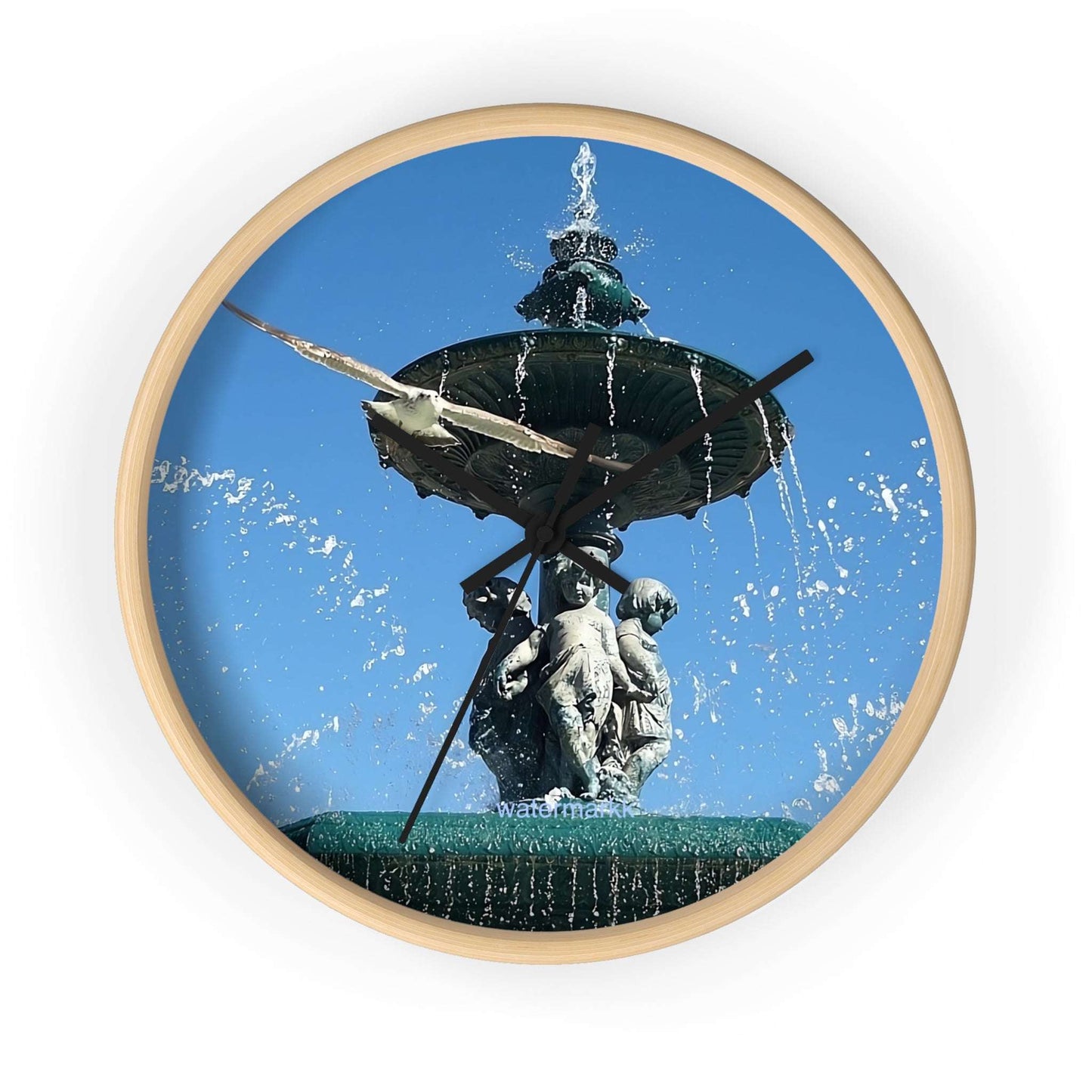 Wall ClWall Clock featuring seagull in flight with fountain in Lisbon in background, base: wooden, handles: black, size: 10''