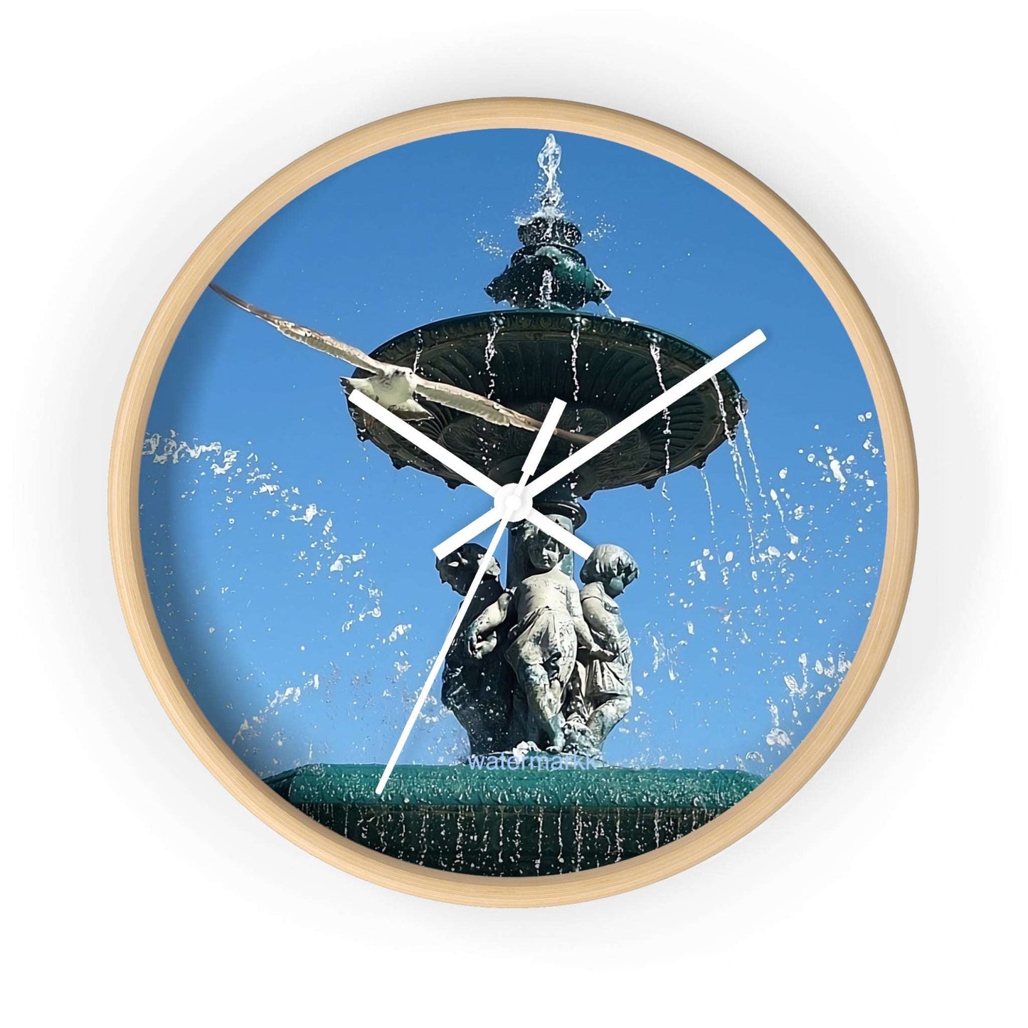Wall ClWall Clock featuring seagull in flight with fountain in Lisbon in background, base: wooden, handles: white, size: 10''