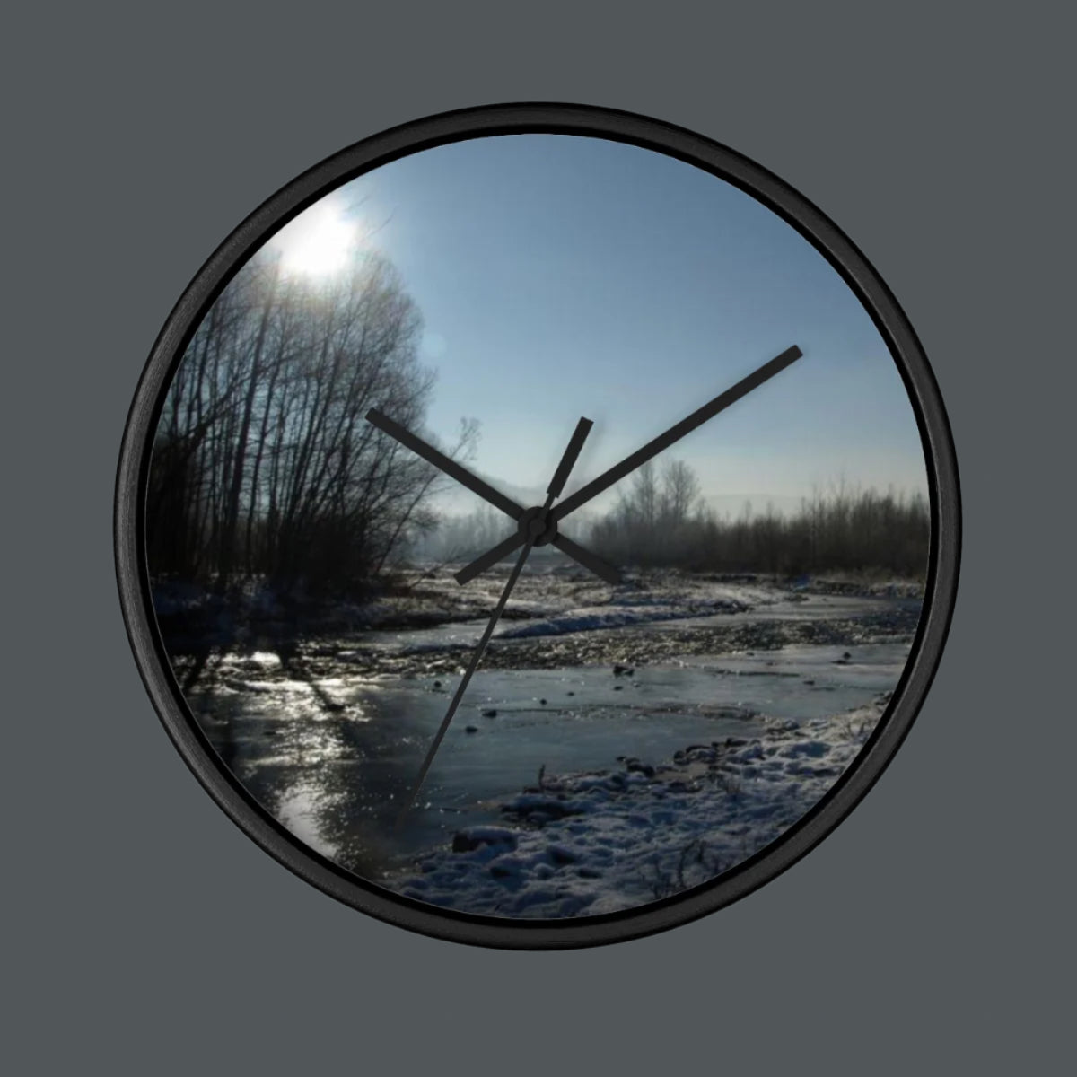 wall clock featuring winter in Polish countryside, base: black, handles: black, size: 10''