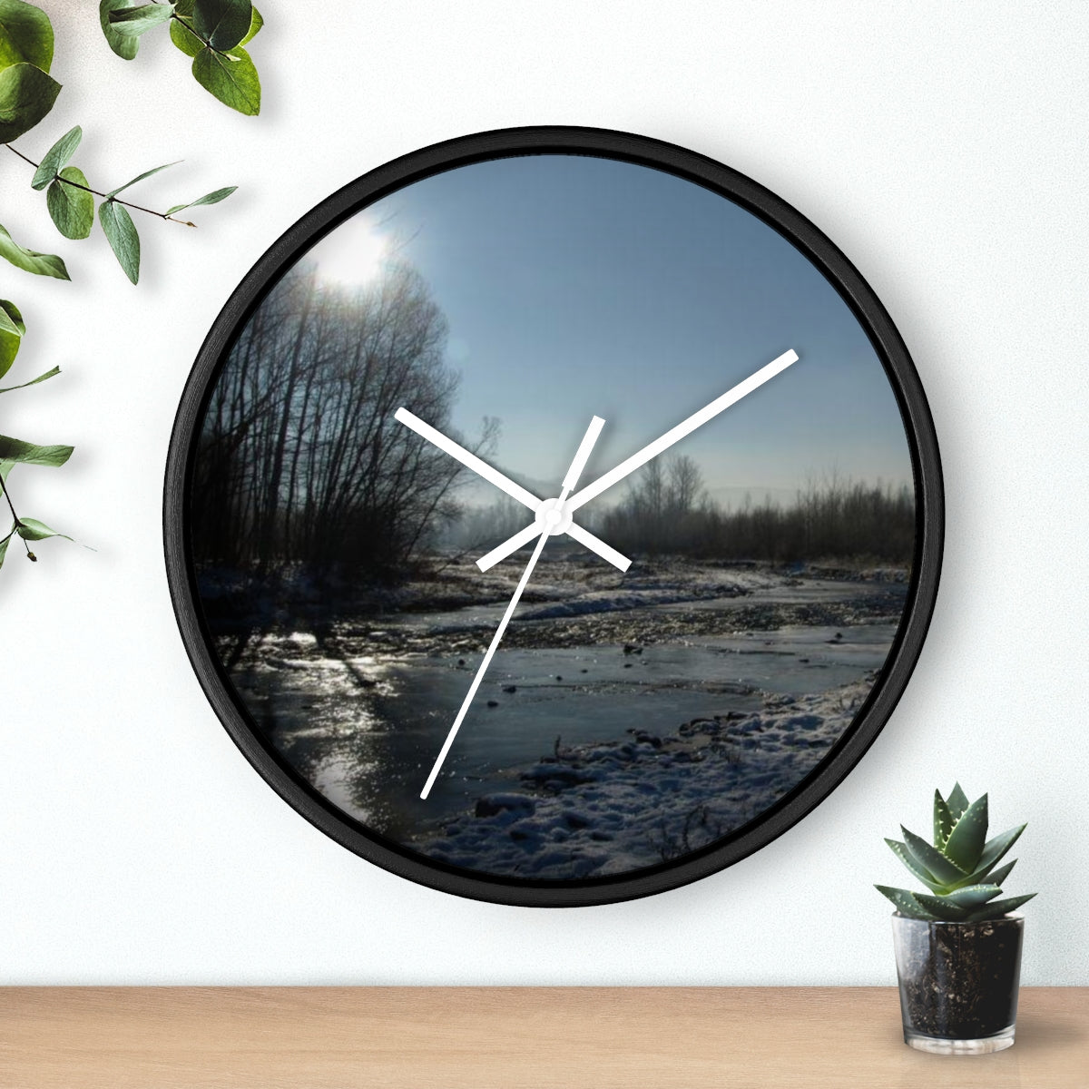 wall clock featuring winter in Polish countryside, base: black, handles: white, size: 10''