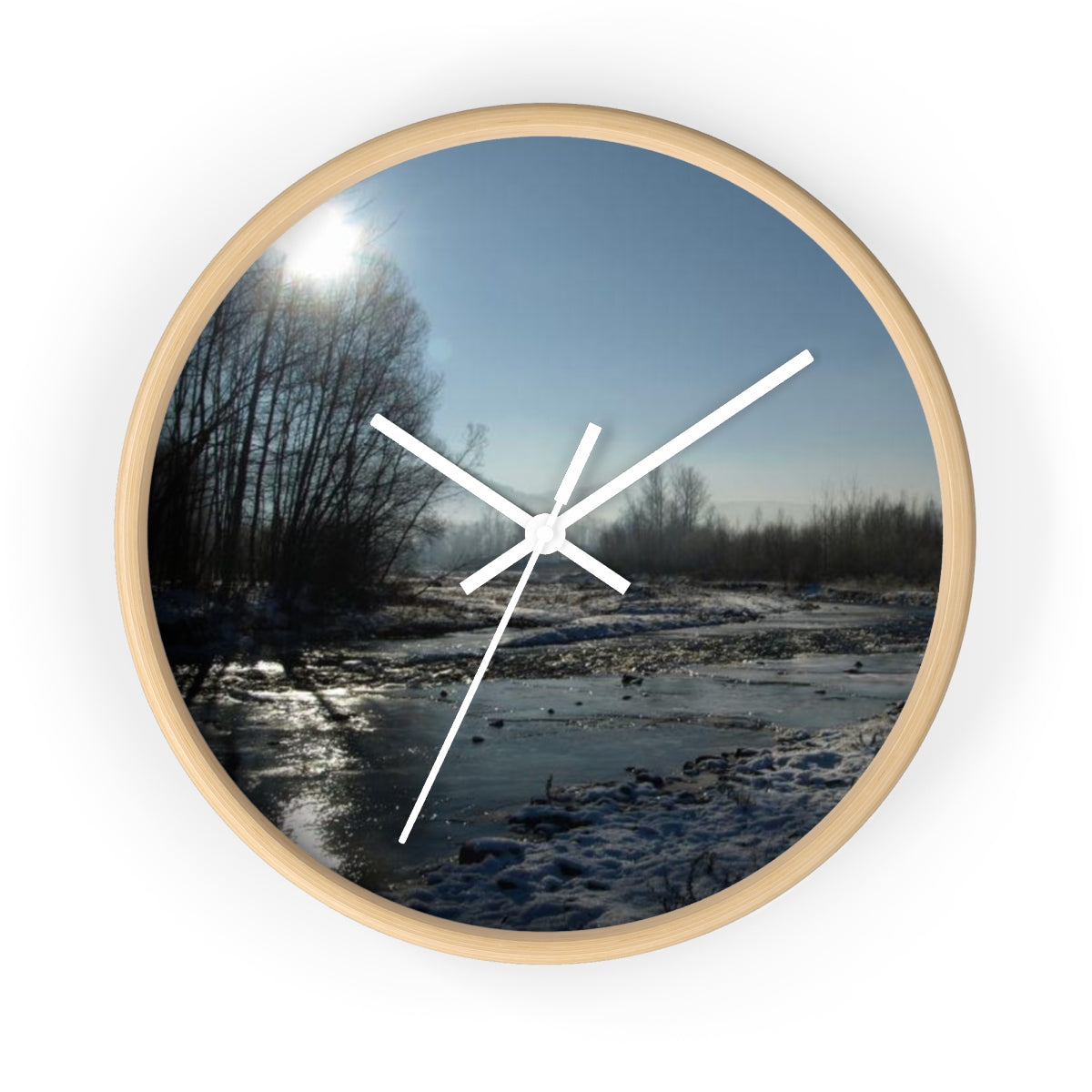wall clock featuring winter in Polish countryside, base: wooden, handles: black, size: 10''