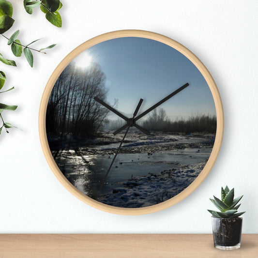 wall clock featuring winter in Polish countryside, base: wooden, handles: black, size: 10''