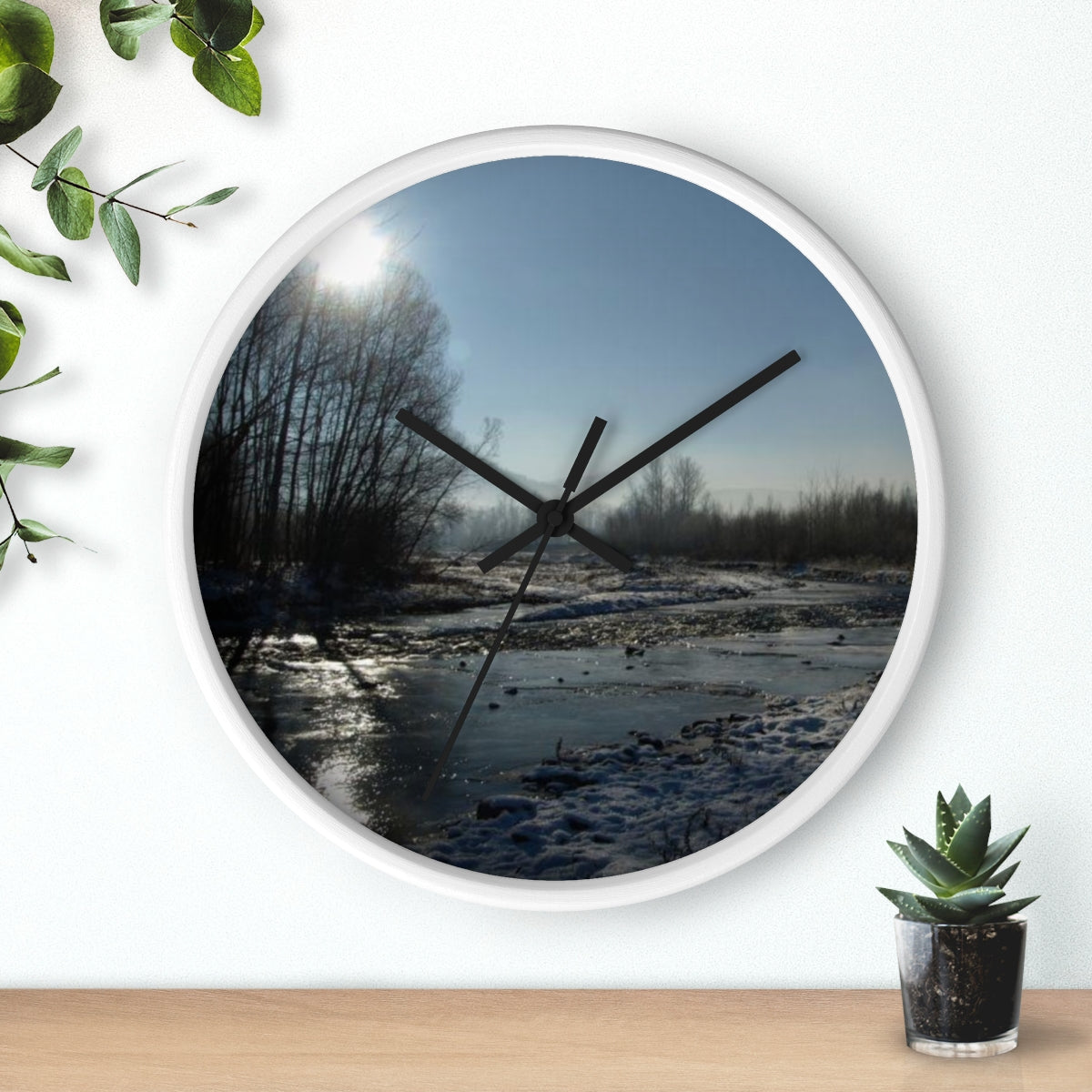 wall clock featuring winter in Polish countryside, base: white, handles: black, size: 10''