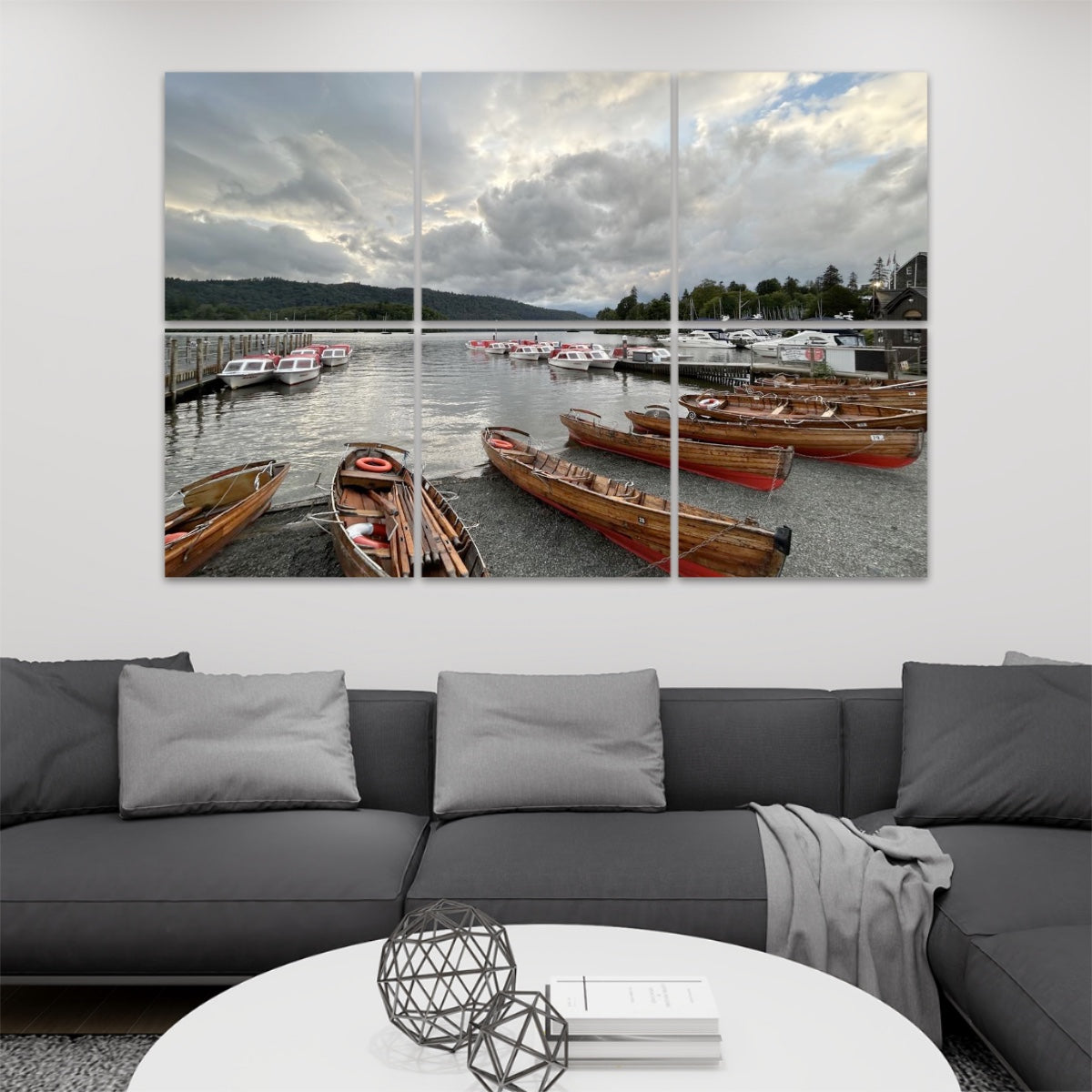 Lake District Windermere Lake 6 Decorative Sound Absorbing Wall Panels showing wooden boats docked on lake by pier