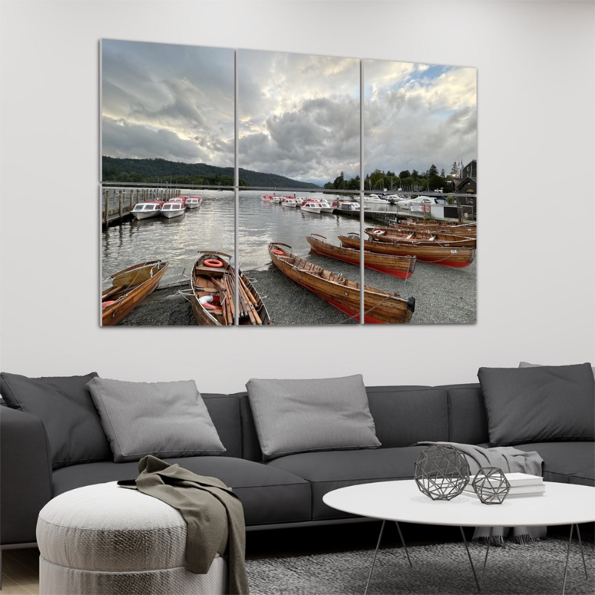 Lake District Windermere Lake 6 Decorative Sound Absorbing Wall Panels showing boats on water in a modern living room