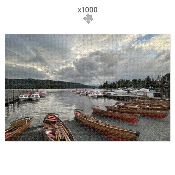 Made in UK Windermere Boats Sustainable Jigsaw Puzzle featuring wooden boats under cloudy sky