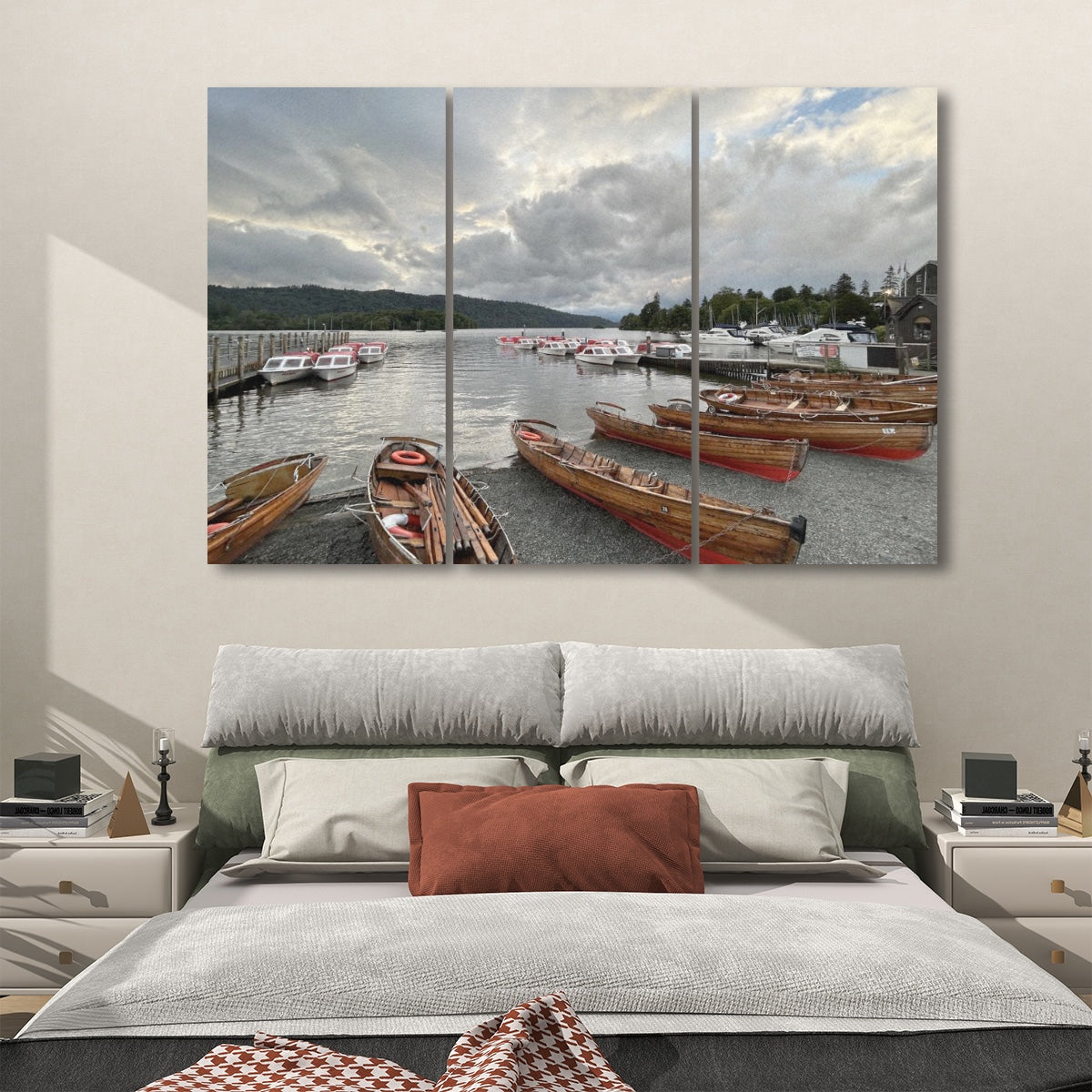 Lake District Landscape 3 Decorative Sound Absorbing Wall Panels showing boats on a lake above a bedroom bed
