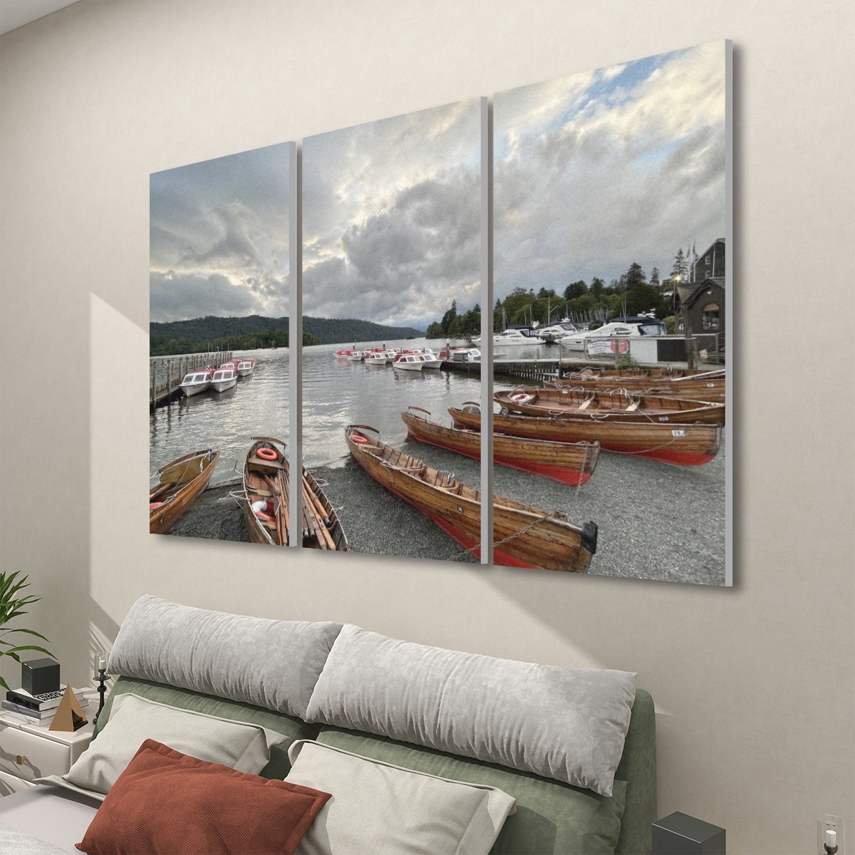 Lake District Landscape 3 Decorative Sound Absorbing Wall Panels showing boats on a lake under a cloudy sky