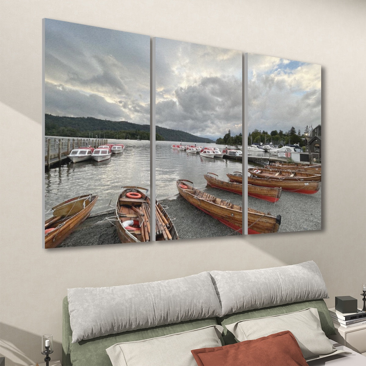 Lake District Landscape 3 Decorative Sound Absorbing Wall Panels showing boats docked by the lakeside under a cloudy sky