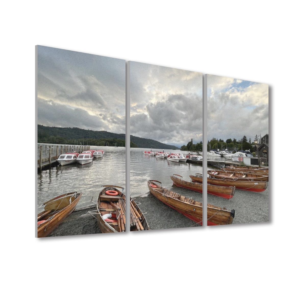 Lake District Landscape 3 Decorative Sound Absorbing Wall Panels showing boats docked by a lake under a cloudy sky