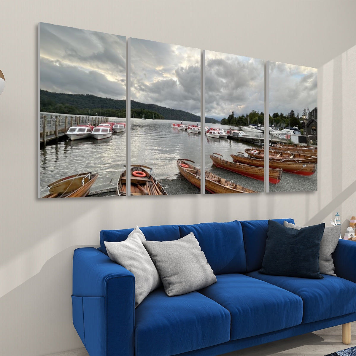 Lake District 4 Decorative Sound Absorbing Wall Panels showing boats on a lake above a blue couch