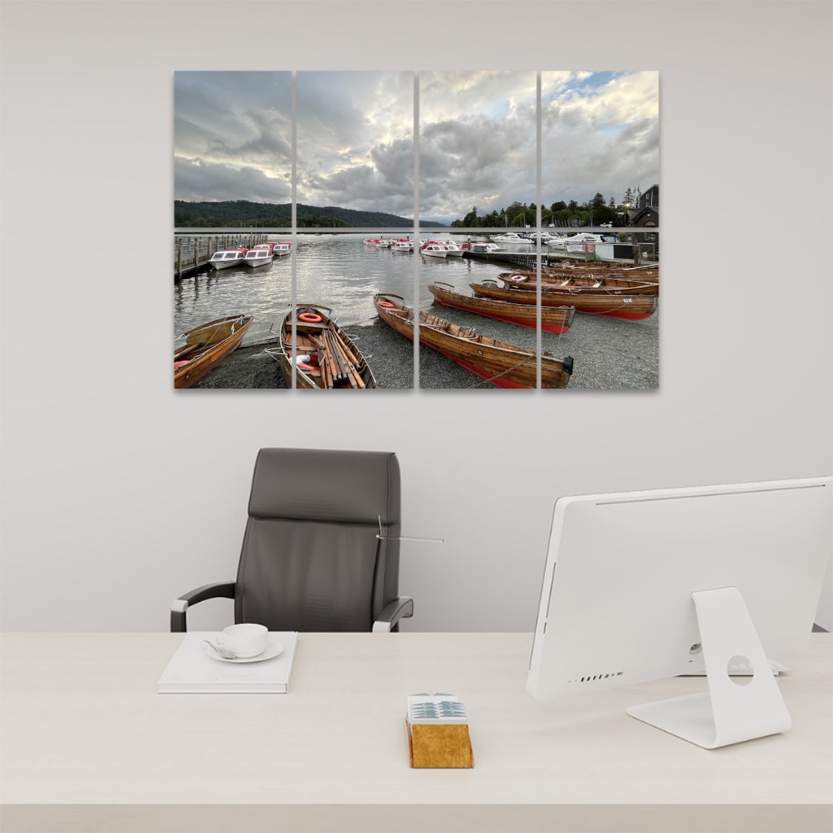 Lake District 8 Decorative Sound Absorbing Panels showing wooden boats on a lake under cloudy sky above office chair