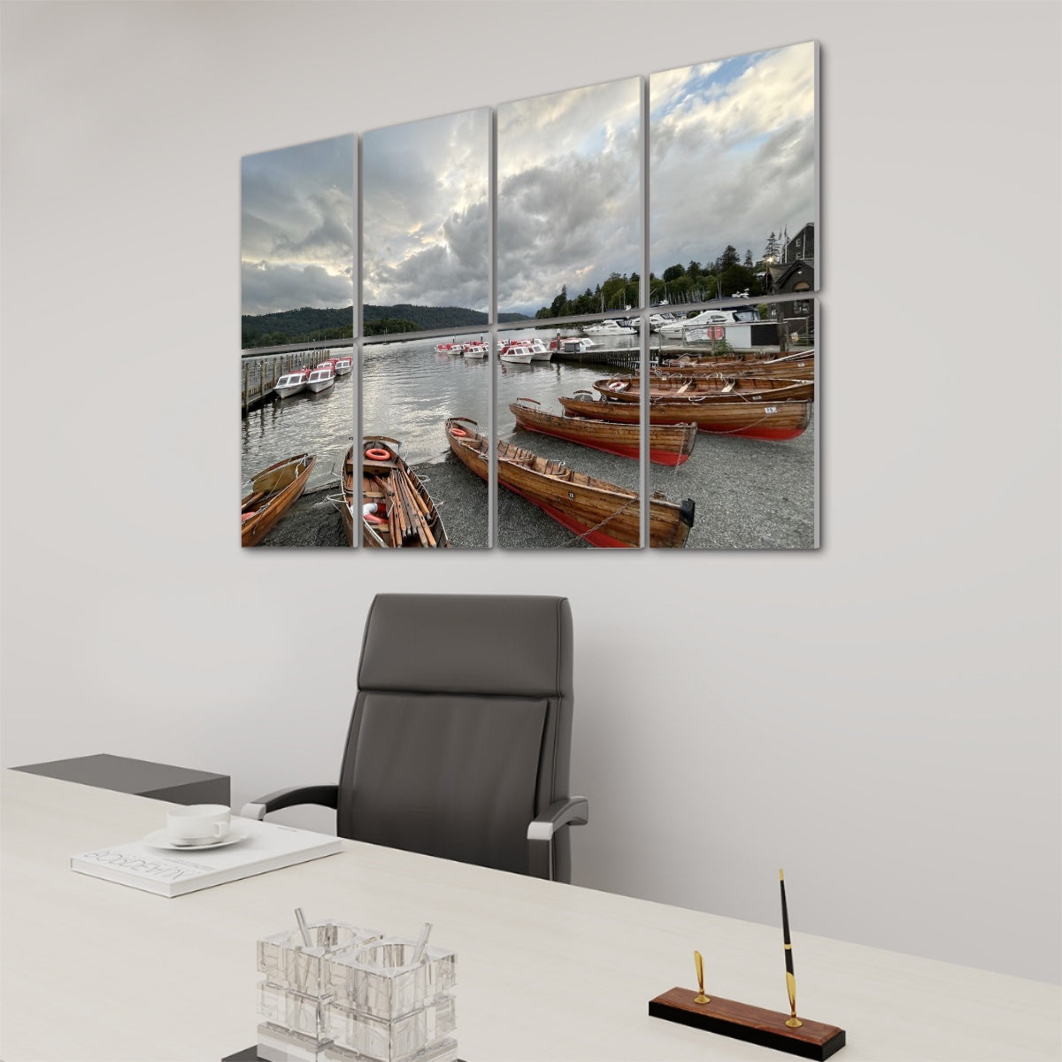 Lake District 8 Decorative Sound Absorbing Panels featuring a scenic lakeside with wooden boats above an office chair