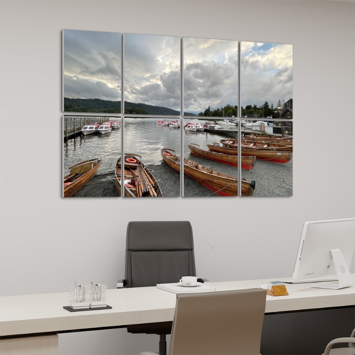 Lake District 8 Decorative Sound Absorbing Panels featuring a serene lakeside scene with wooden boats and cloudy skies