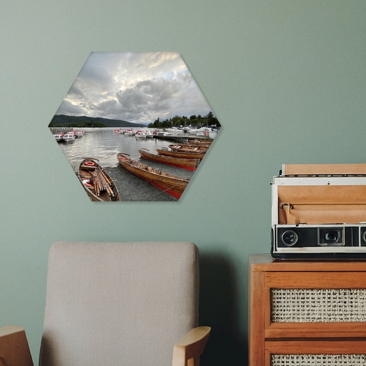 Windermere Lake Sound Absorbing Wall Panel by Papi's Canvas displayed in living room above chair and wooden cabinet