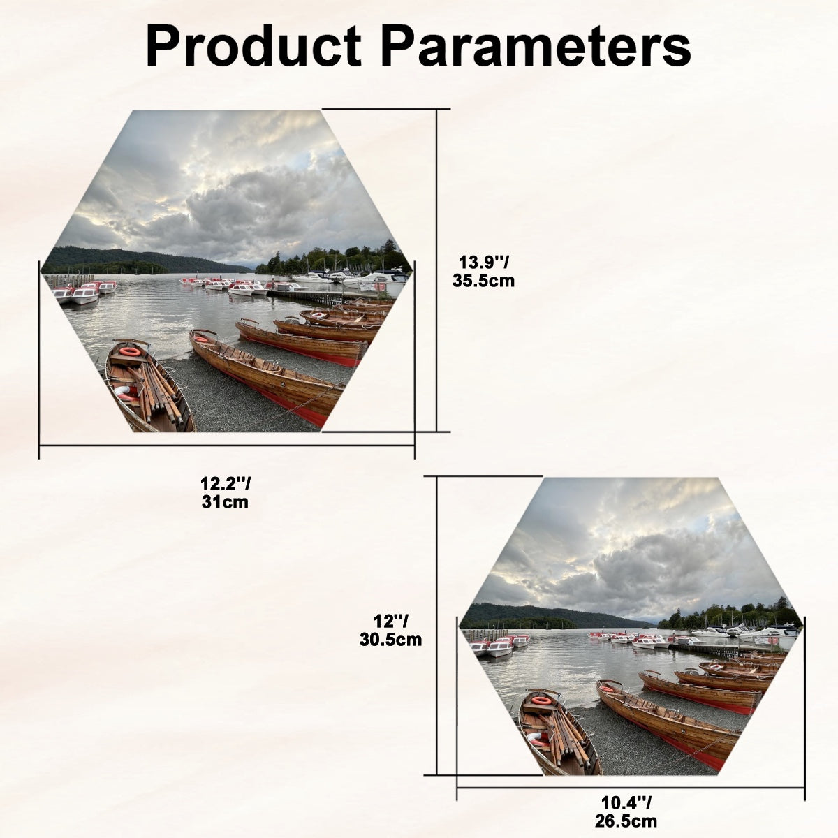 Windermere Lake Sound Absorbing Wall Panel by Papi's Canvas with lake and boat design in hexagonal shape
