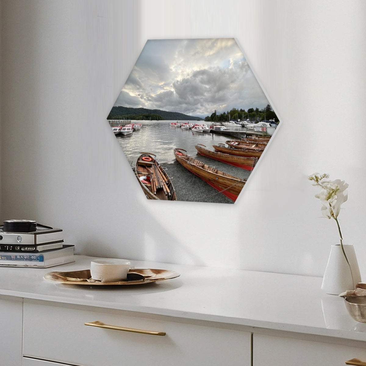 Hexagonal Windermere Lake Sound Absorbing Wall Panel showing boats on lake above white desk with table lamps