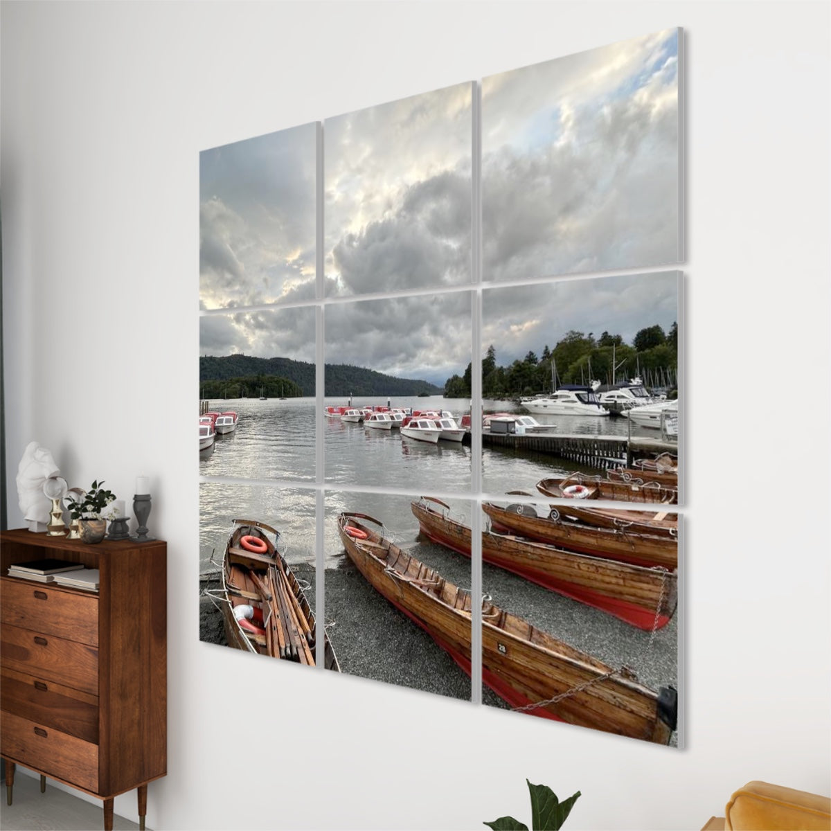 9 Decorative Sound Absorbing Panels showing wooden boats docked on a lake under cloudy sky