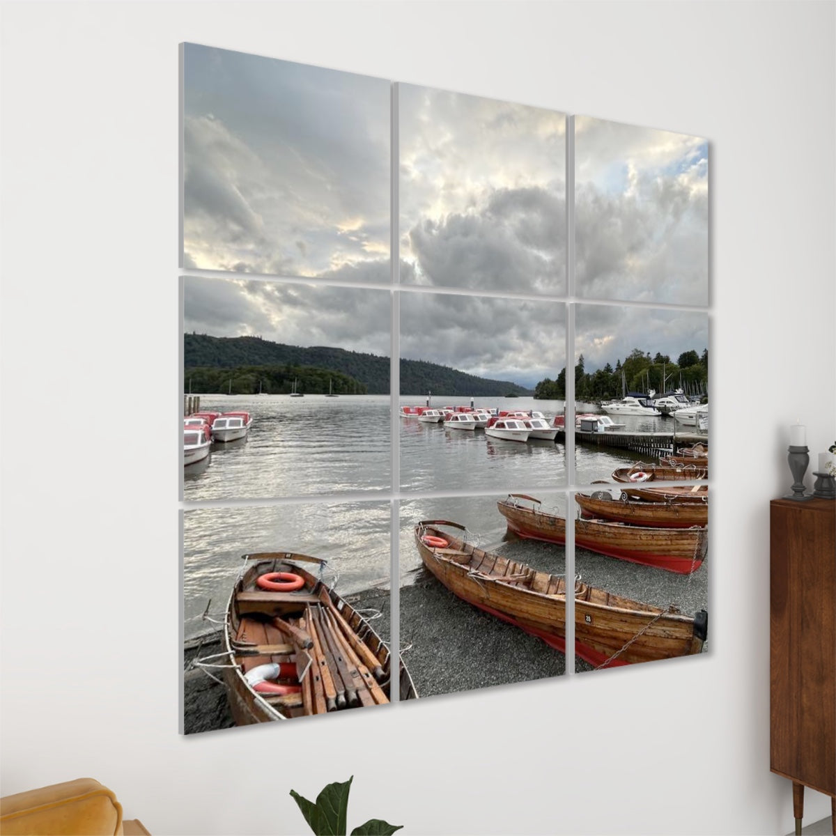 9 Decorative Sound Absorbing Panels showing serene lake scene with wooden boats and cloudy sky on wall