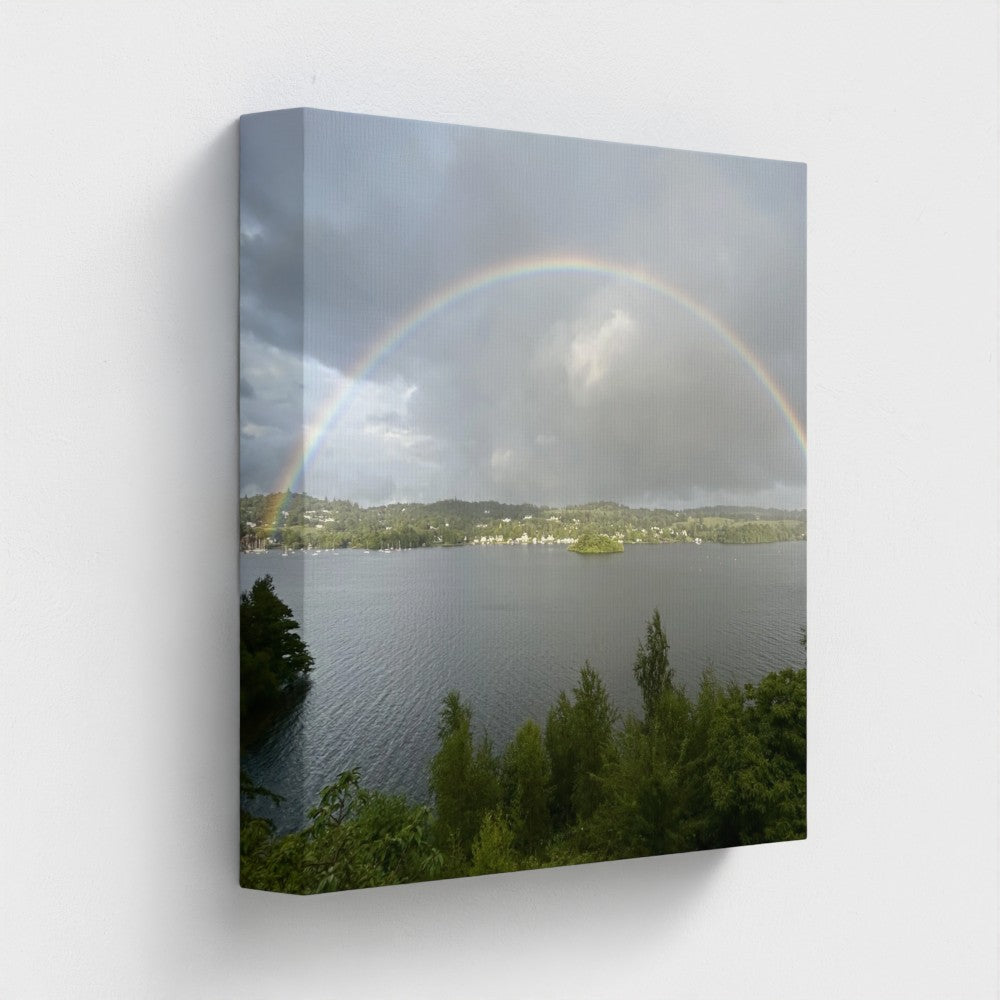 Windermere landscape wall decor featuring a lake with a rainbow and surrounding greenery on canvas