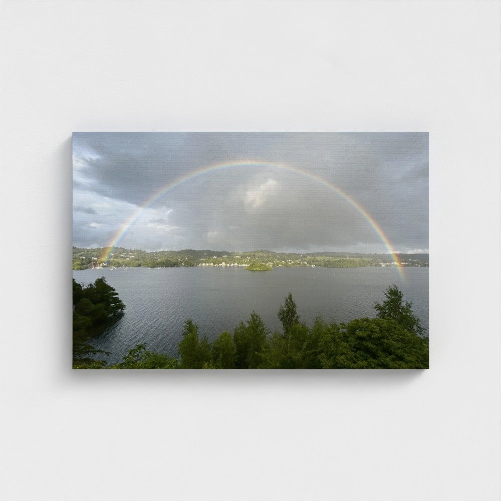 Windermere landscape wall decor showing rolling green hills and rainbow over lake