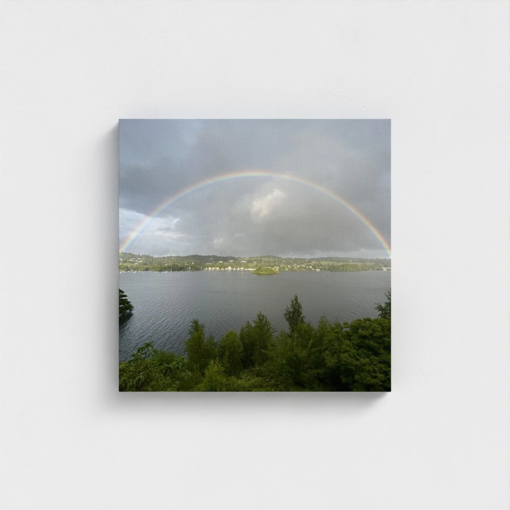 Windermere landscape wall decor featuring a lake view with a rainbow over lake and distant hills