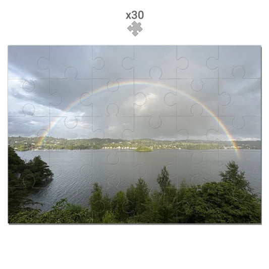 Papi's Canvas Landscape with Lake and Rainbow Jigsaw Puzzle featuring 30 pieces and vibrant nature scenery