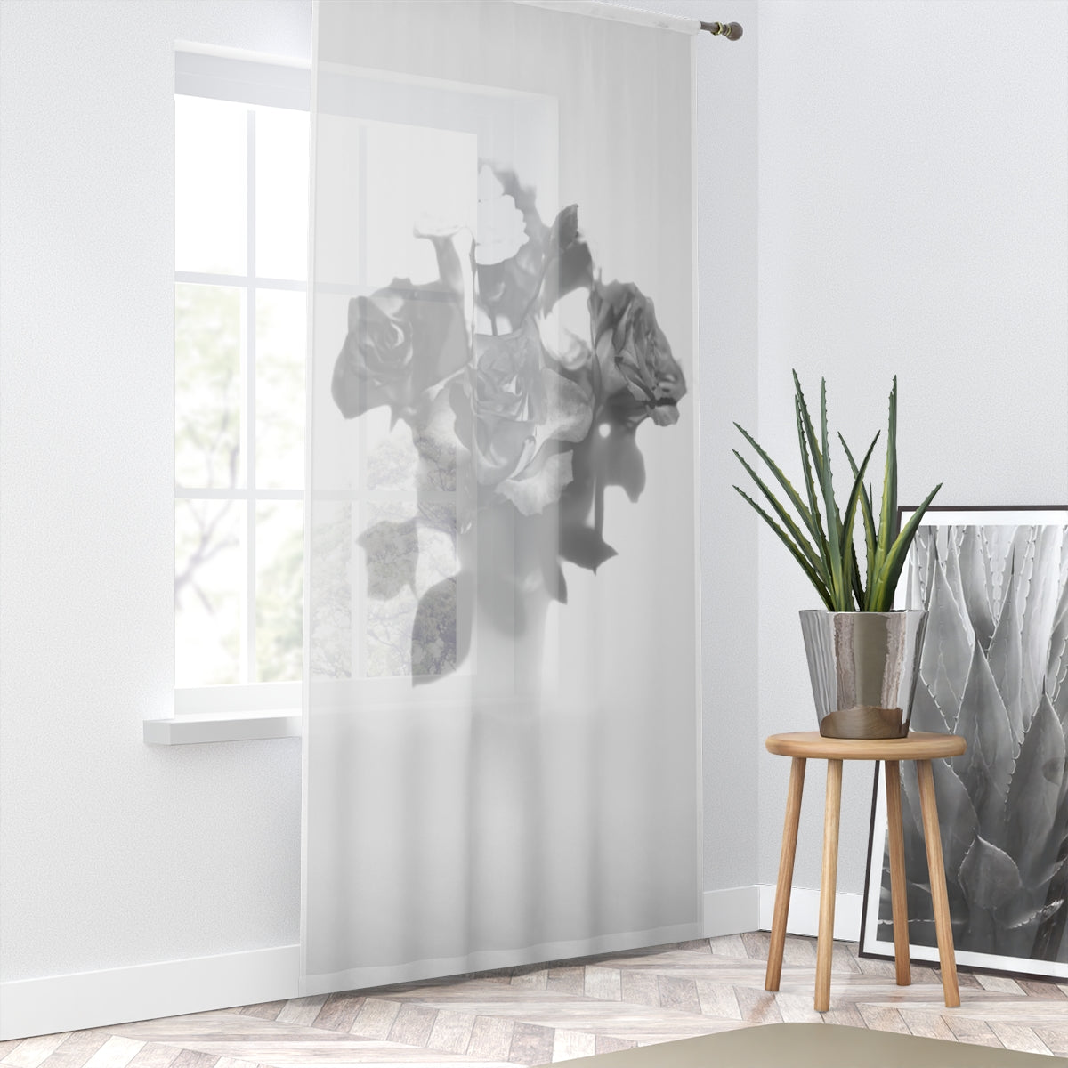 sheer window curtain featuring black and white picture of roses size: 50''x84'' 127x213cm