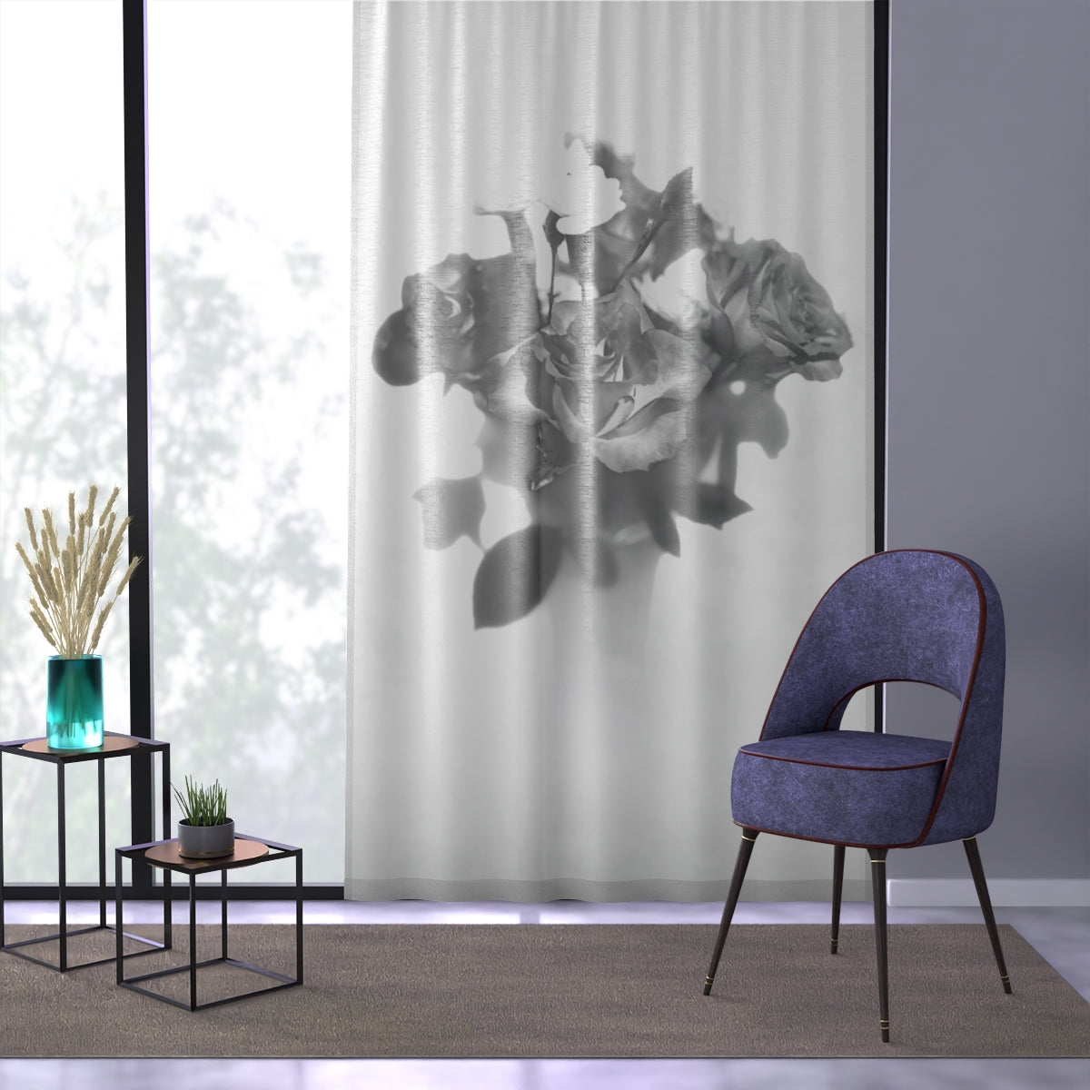 sheer window curtain featuring black and white picture of roses size: 50''x84'' 127x213cm