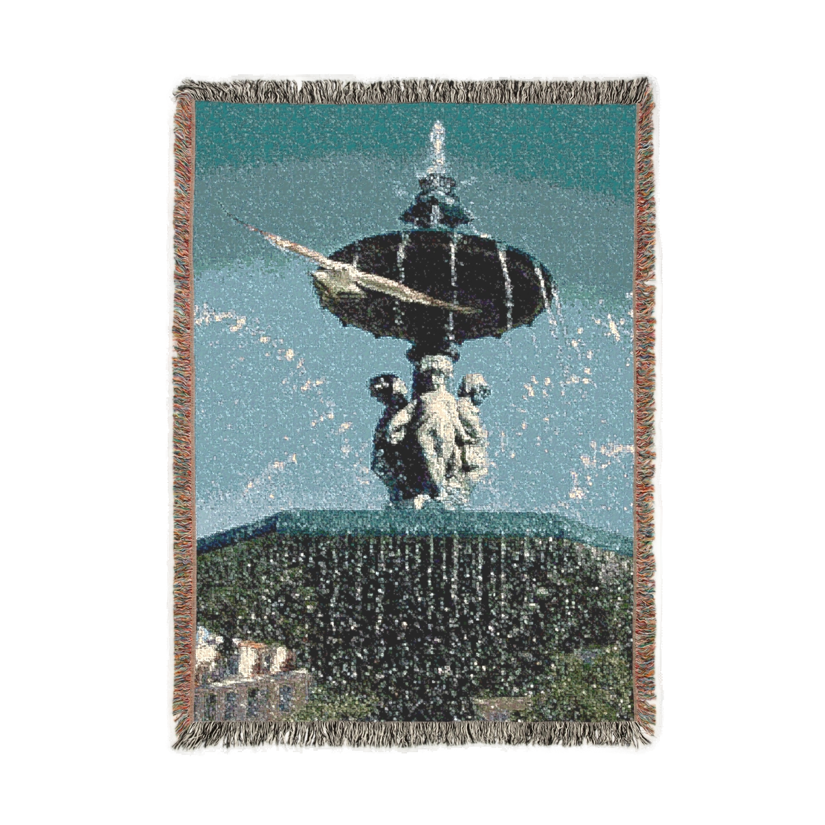 Woven blanket featuring seagull in flight with fountain in Lisbon in the background size: 52’’x37’’