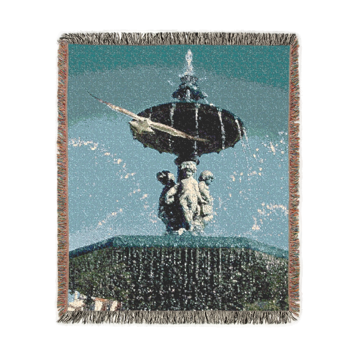 Woven blanket featuring seagull in flight with fountain in Lisbon in the background size: 60’’x50’’