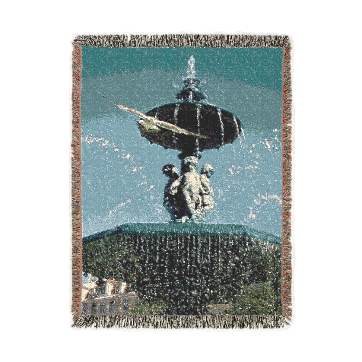 Woven blanket featuring seagull in flight with fountain in Lisbon in the background size: 80’’x60’’