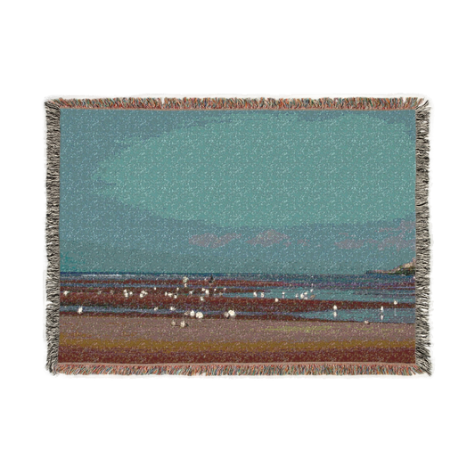 woven blanket featuring beach and seagulls in Blackpool size: 52''x37''