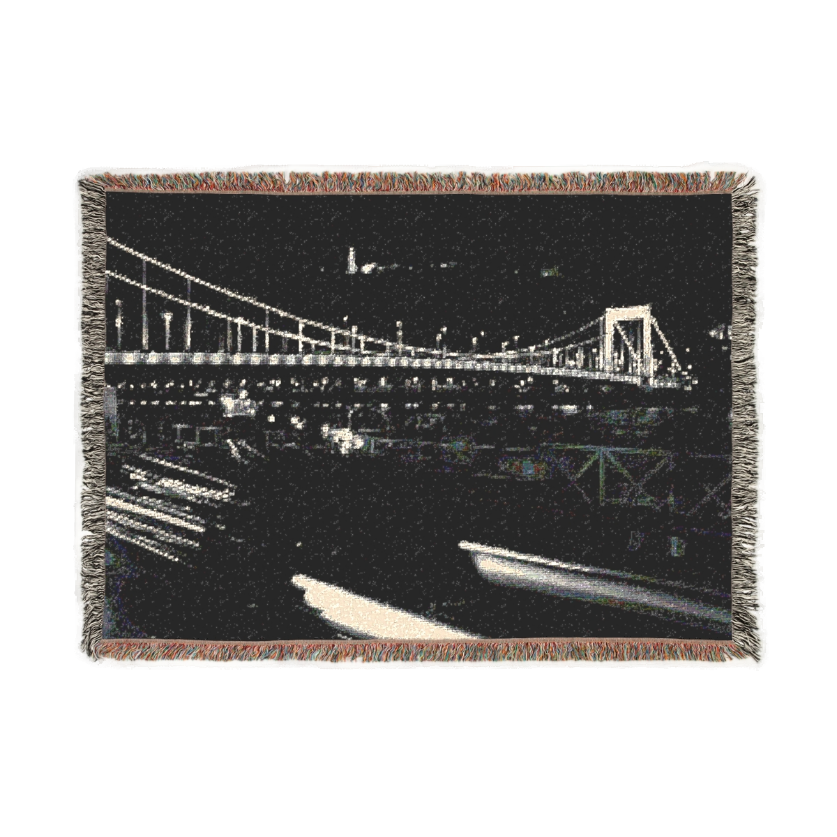 woven blanket featuring bridge in Budapest with Citadel in the background and car in foreground black and white long exposure size: 52''37''