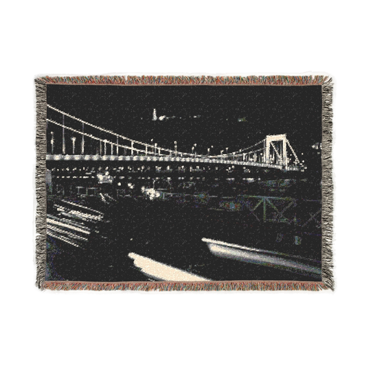 woven blanket featuring bridge in Budapest with Citadel in the background and car in foreground black and white long exposure size: 52''37''