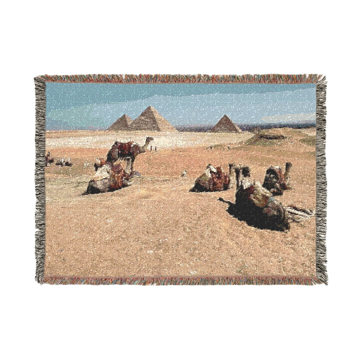 woven blanket featuring camels desert and pyramids of giza size:52''37''