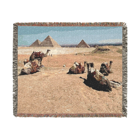 woven blanket featuring camels desert and pyramids of giza size:52''37''