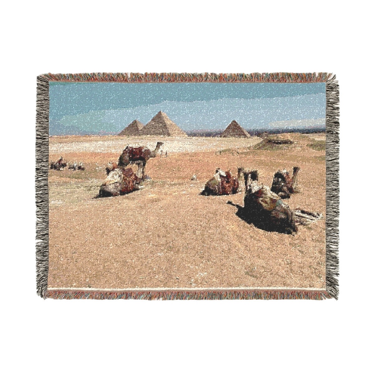 woven blanket featuring camels desert and pyramids of giza size:52''37''