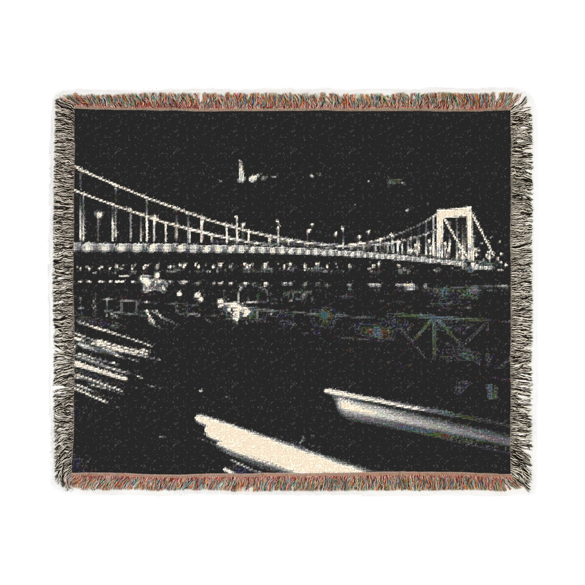 woven blanket featuring bridge in Budapest with Citadel in the background and car in foreground black and white long exposure size: 60''x50''
