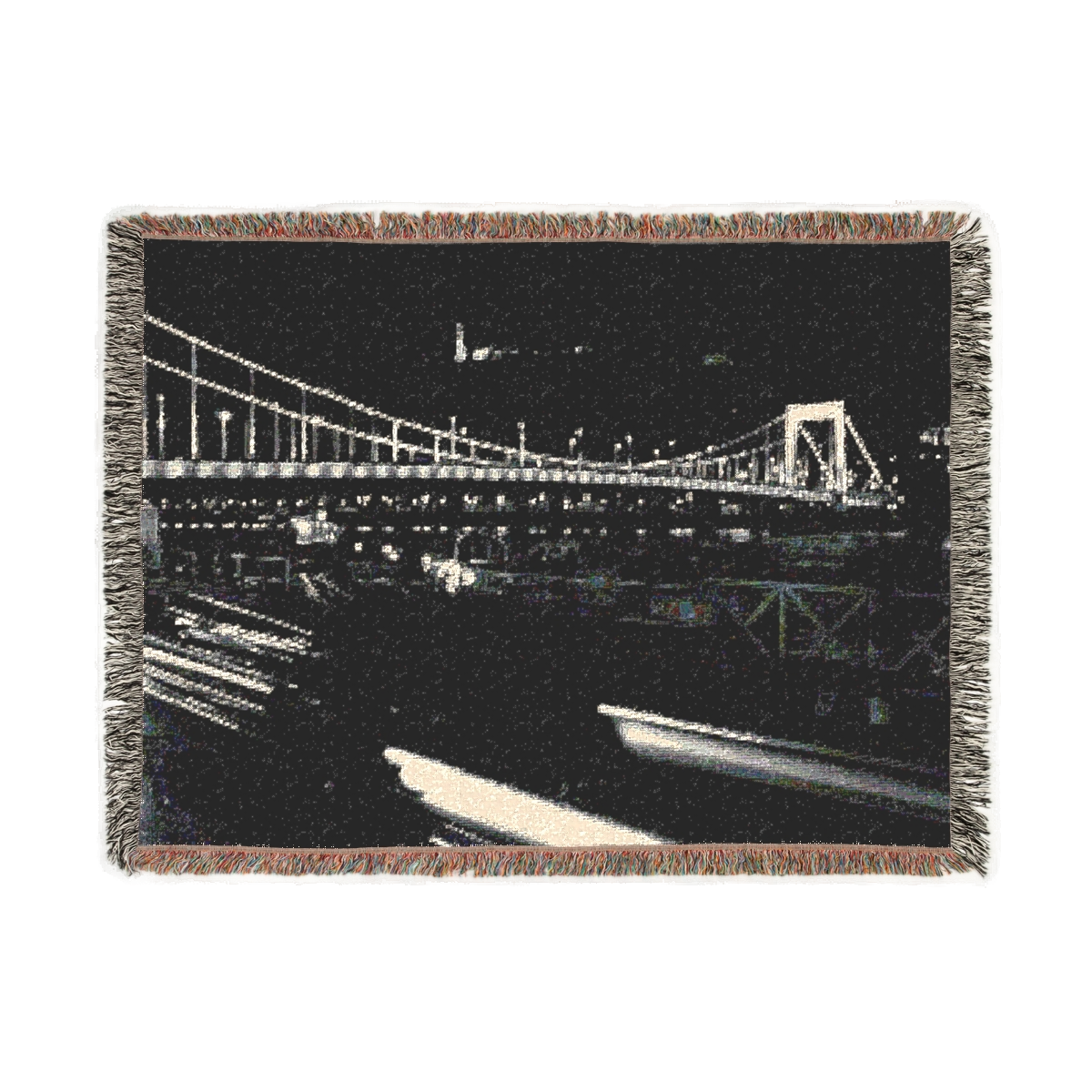woven blanket featuring bridge in Budapest with Citadel in the background and car in foreground black and white long exposure size: 80''x60''