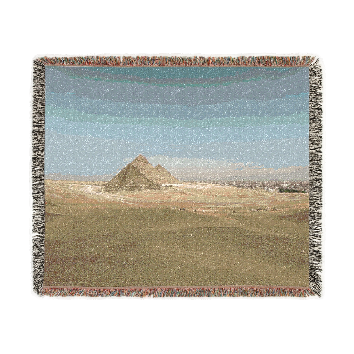 woven blanket featuring desert blue sky and pyramids of Giza size: 60''x50''x