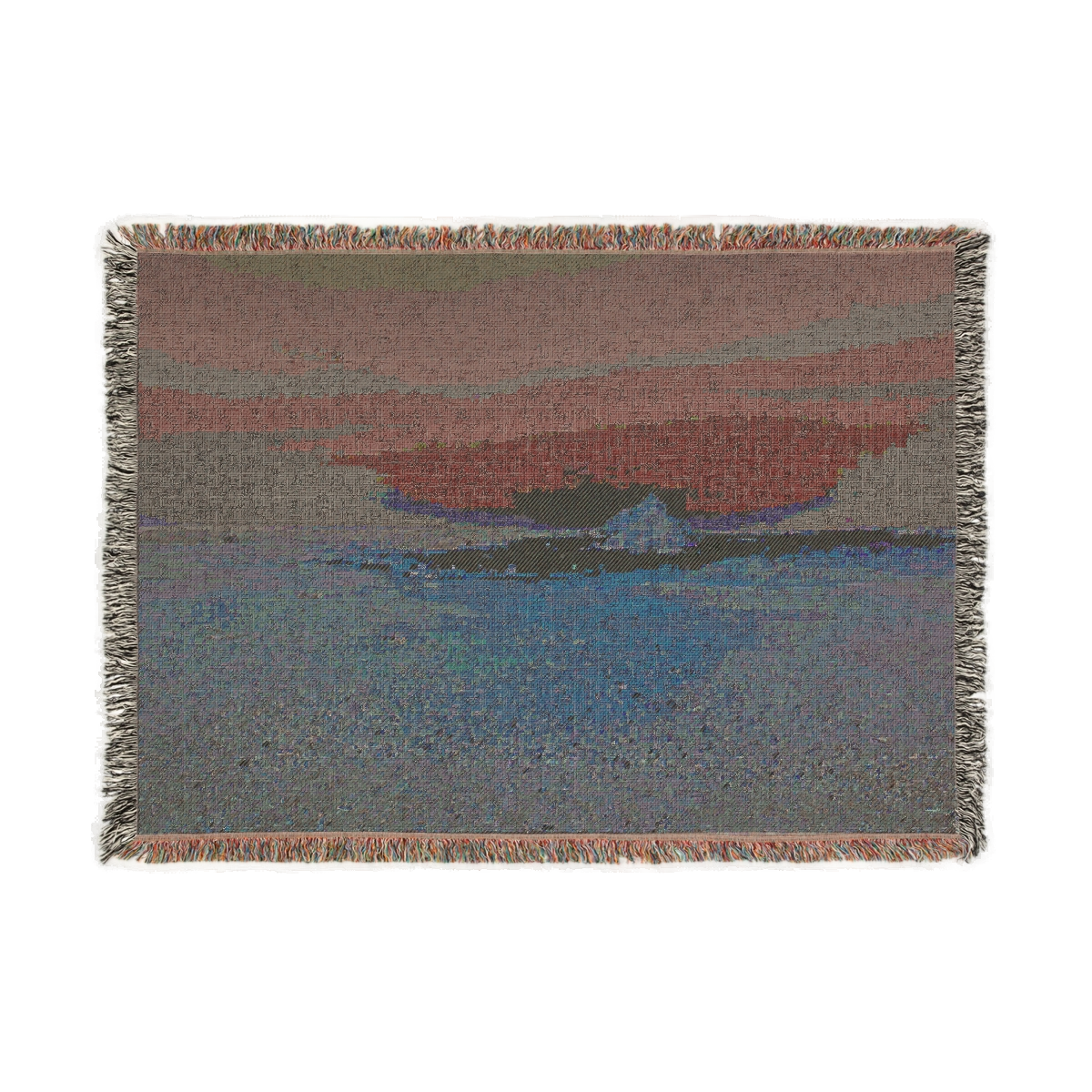 Back of Woven blanket featuring Pyramids of Giza seen from large distance