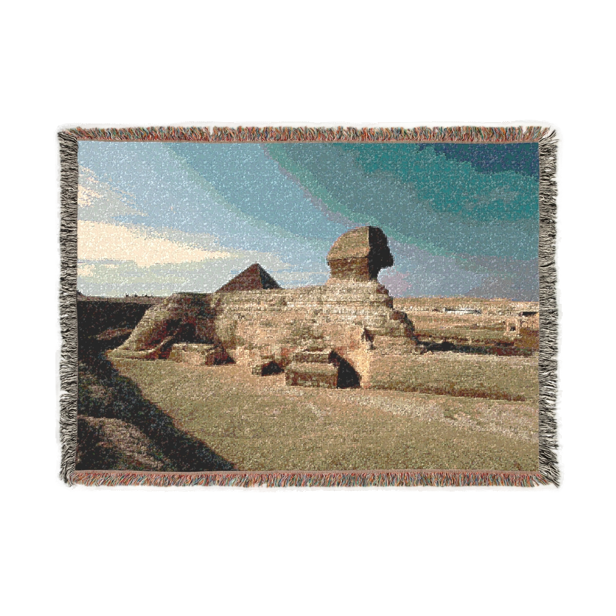 woven blanket featuring great sphinx with pyramid of Khufu in the background size: 52''x37''