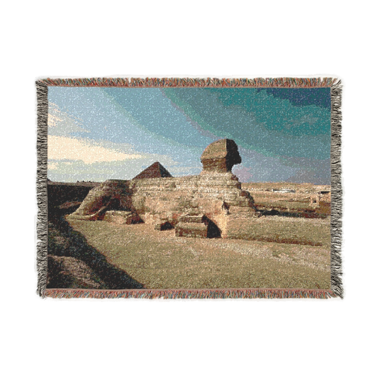 woven blanket featuring great sphinx with pyramid of Khufu in the background size: 52''x37''