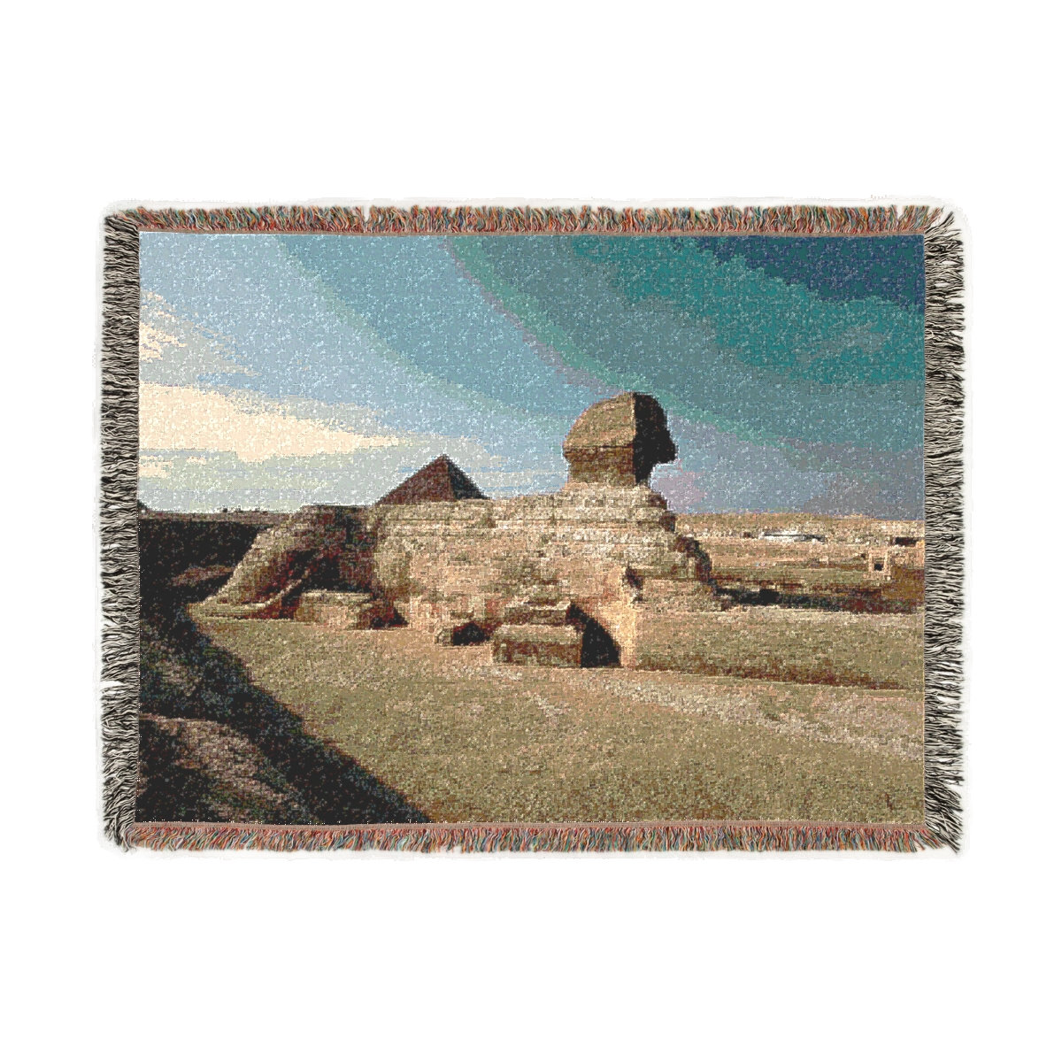 woven blanket featuring great sphinx with pyramid of Khufu in the background